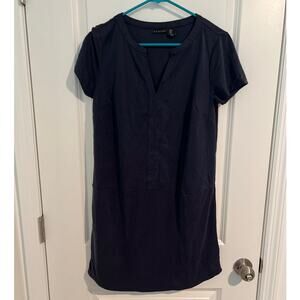 Tahari Short Sleeve Split V-Neck Tunic Shift Dress Navy Blue Women's Size Small